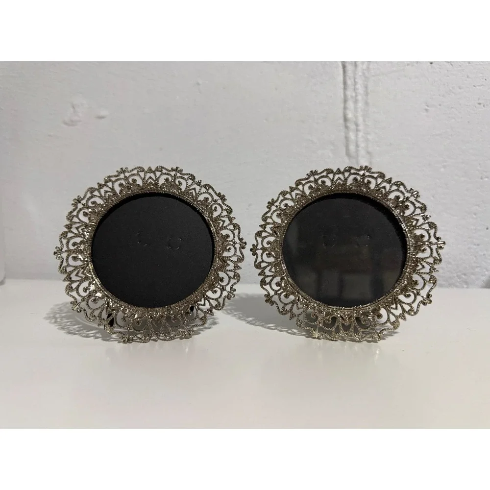 Sheffield Home Set of 2 Round Filigree Picture Frames Silver Metal Ornate Decor